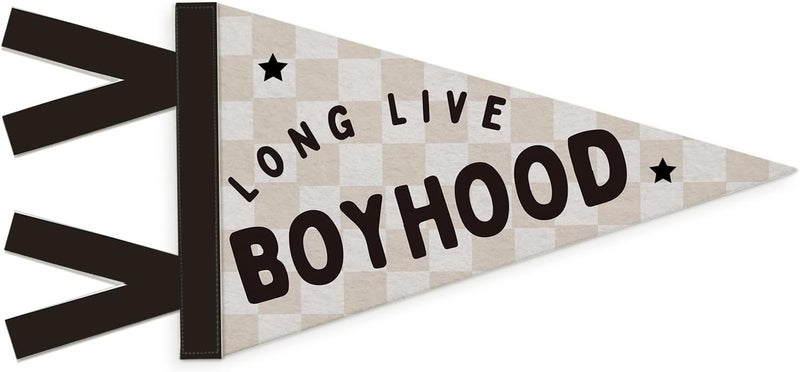 SJDFCSA Boys Room Decor, Long Live Boyhood Wall Hanging Pennant Flag Banner, Preppy Neutral Beige Checkered Wall Decorations for Kids Boys Toddler Nursery Room Bedroom Playroom Decor - Image 1